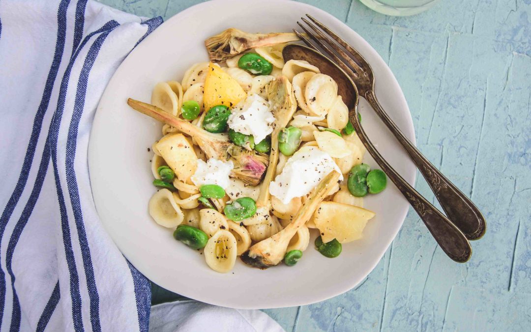 Orecchiette aux fèves, artichauts et citron